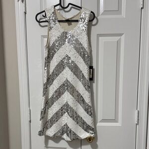 Alice + Olivia Silver and White Sequin Babydoll Dress